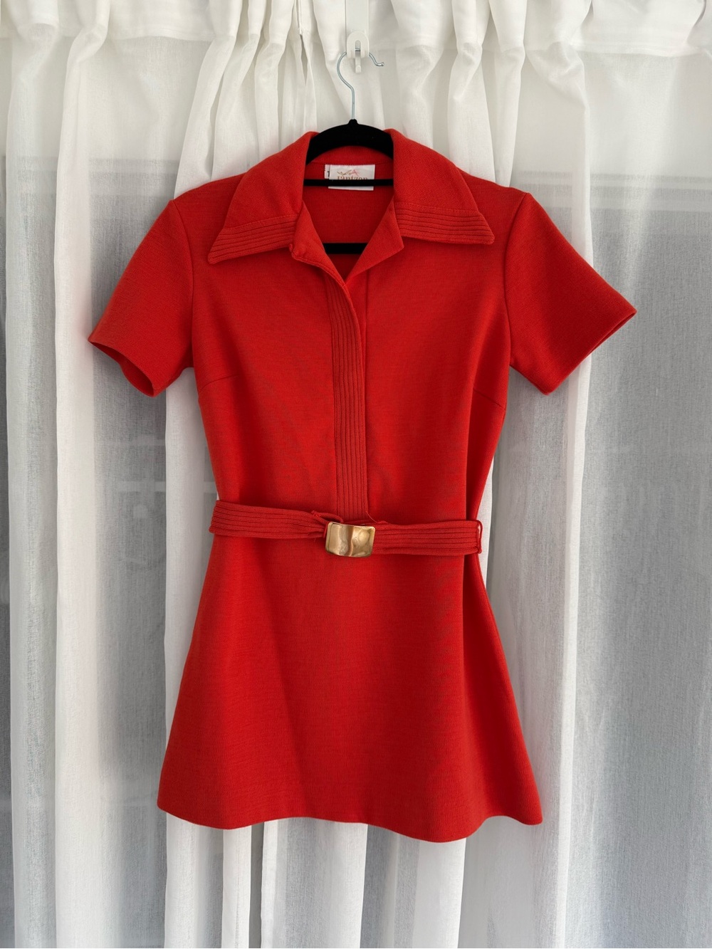 Orange Red Short-Sleeve Belted Dress